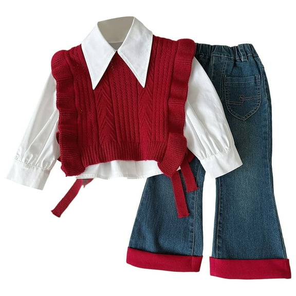 Gaexia Girls Fall Outfits Size 10-12 ,Girls Spring Outfit Set Stylish Knitted Vest Long Sleeve Shirt Denim Jeans 3 Piece Casual Wear for Toddler Kids Age 2-8 Years