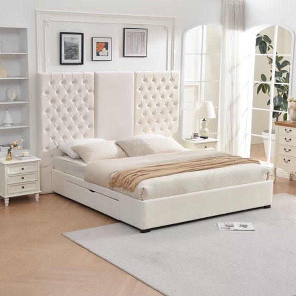 King Size Bed Frame 63.58" Tall Headboard, Velvet Upholstered Platform Bed, Drawers & Button Tufted, Easy Assembly, No Box Spring Needed, Cream