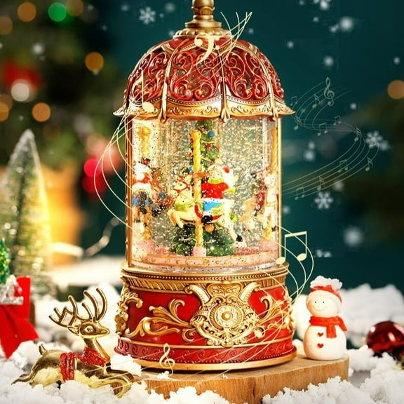 AmaMary Christmas Carousel Snow Globe Music Box with Lights Snowfall Santa Tree Gift Box Decor