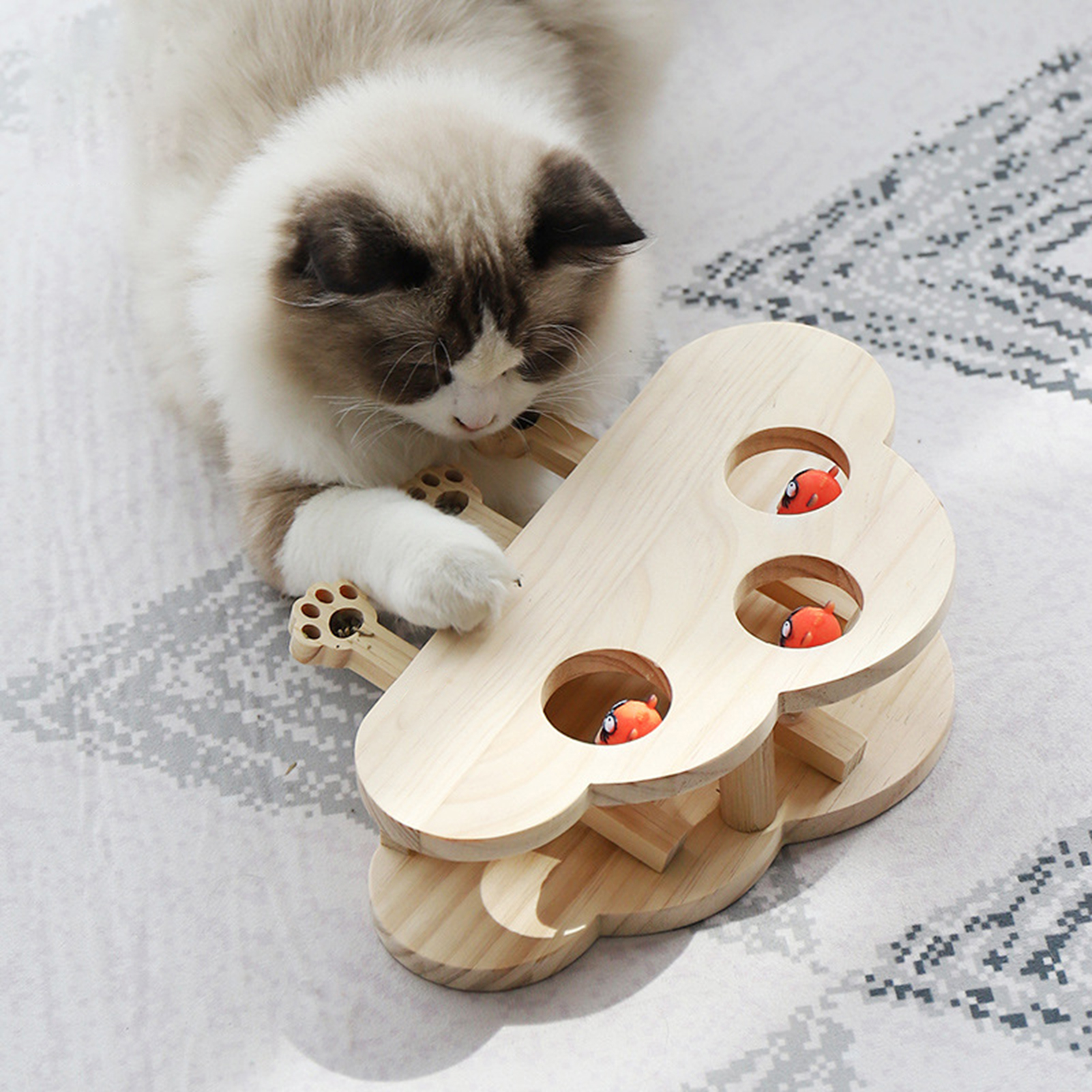 YIFAEUX Whack-A-Mole Cat Toy Wooden Interactive Cloud Shaped Cat Toy Whack A Mole Game Scratcher Cat Toy for Indoor Use