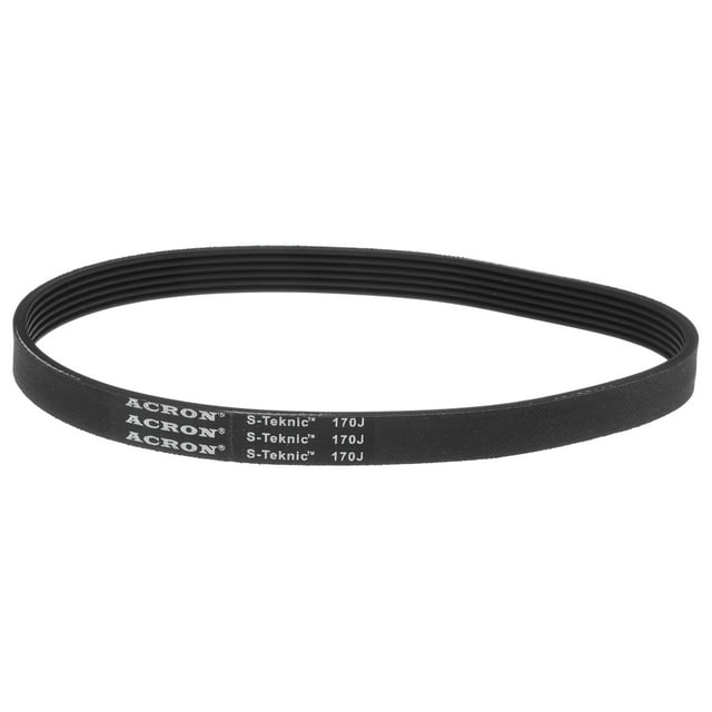 Unique Bargains 170J6 Rubber Poly V Belt with 6 ribs, measuring 17 inches in length, 0.55 inches in width, and 0.14 inches in thickness. Made of durable nitrile butadiene rubber, it offers high-temperature resistance, oil resistance, and wear resistance. Designed for industrial machinery, appliances, and power tools like compressors, pumps, drills, and saws. The black belt features a ribbed design for enhanced traction and power transmission.