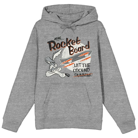 Looney Tunes Wile E. Coyote Rocket Board Men's Heather Grey Graphic Hoodie-M