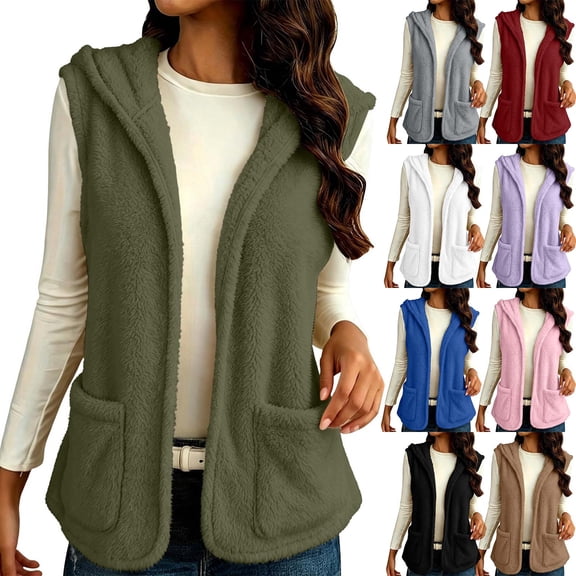 Auralook Women Hooded Fuzzy Fleece Vest Sleeveless Open Front Casual Cardigan with Pockets Warm Fall Winter Layering Outerwear