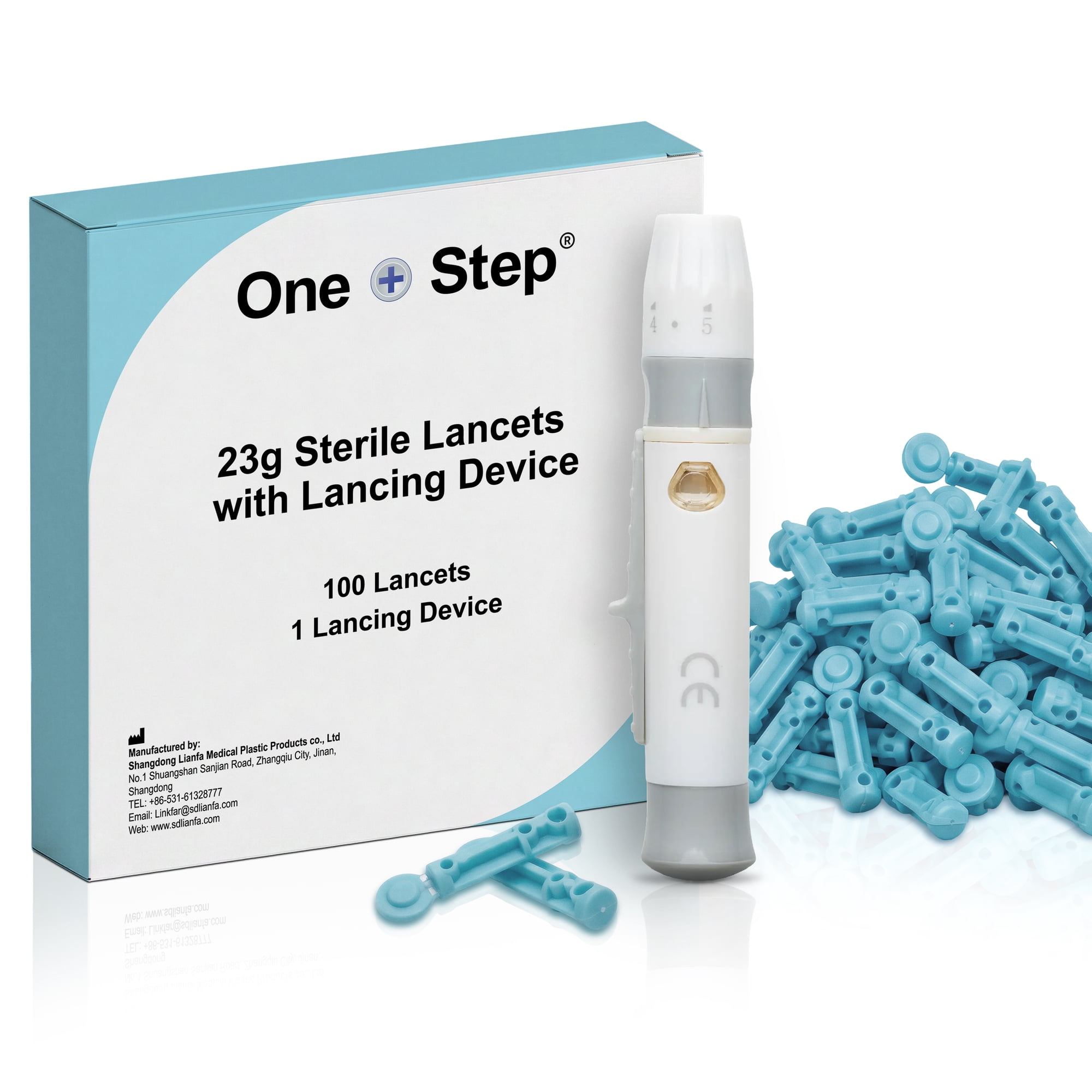 One Step Lancing Device & 100 x 23 Gauge Twist Top Lancets, Blood Sampling Pen, 5 Depth Settings, Less Pain and Ejector