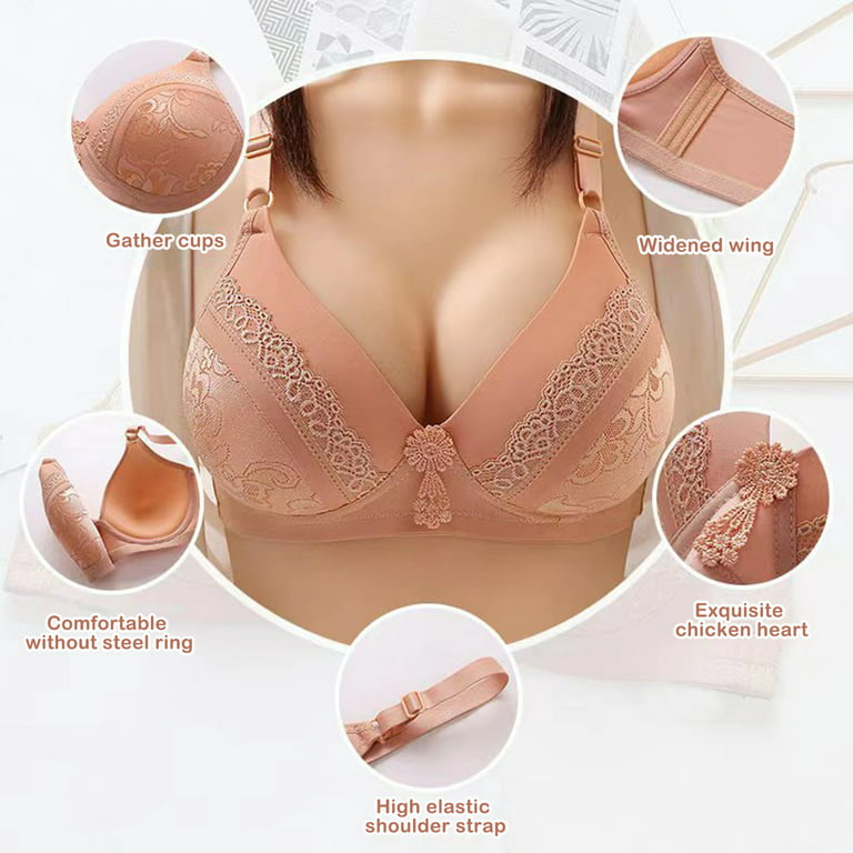 QLEICOM Everyday Bras for Women, Women's Comfort Lift Wirefree Bra  Three-Breasted Comfortable Lace Gathered Together Daily Bra Underwear No  Rims Bras No Underwire Pink Cup 38/85BC 