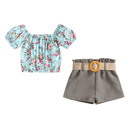 

Toddler Girls Outfit Kids Baby Girls Short Bubble Sleeve Floral Print Tops Bowknot Solid Shorts Pants With Belt 3Pcs Set