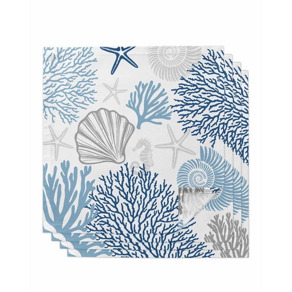 Blue Grey Coastal Cloth Napkins Washable Set of 4, Summer Beach Coral Shell Starfish Reusable Dinner Table Napkins Cloth Bulk for Weddings Kitchen Restaurants Hotel Events Parties 20 x 20 Inch