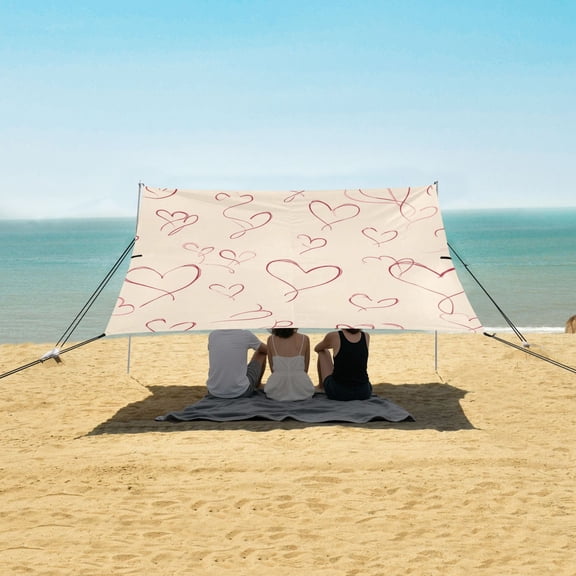 Portable Beach Tent Sun Shelter With Ground Pegs Water And Wind Resistant Sun Shade Canopy Angle Adjustable Light Beige & Red