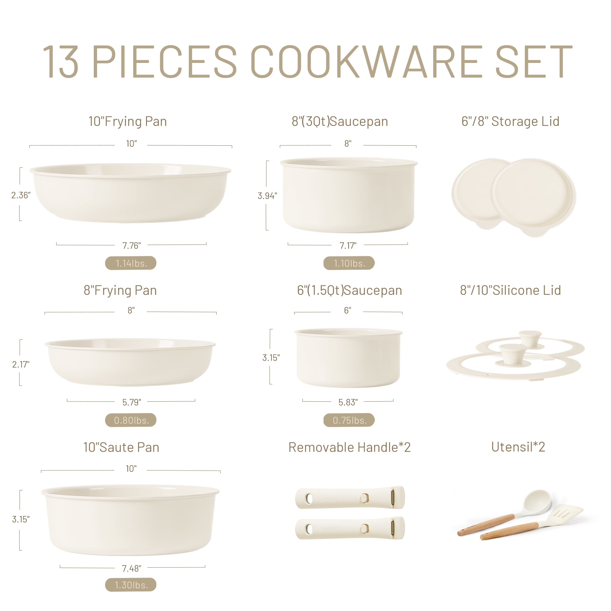 Carote Ceramic Cookware Set, Non Toxic Detachable Pots and Pans, 13 Pcs Induction Cookware, Cream  (图3)