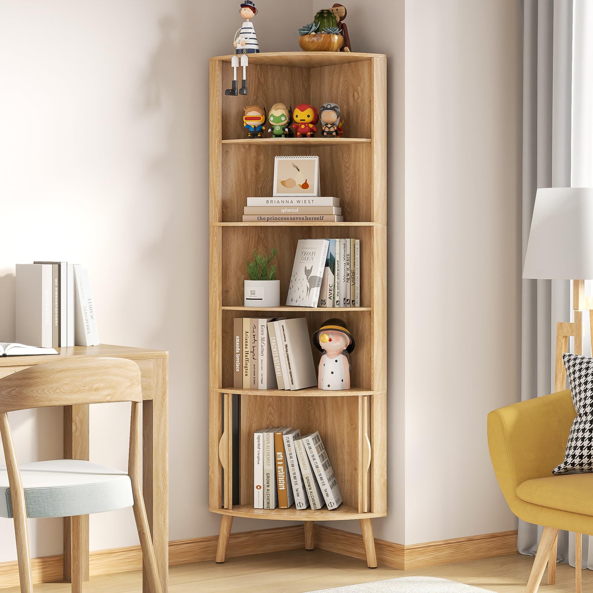 Modern Corner Cabinet, 66.7" Tall Bathroom Storage Cabinet with 2 Fluted Doors & Shelves for Kitchen, Living Room, Wood