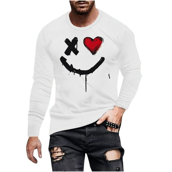 Fashionable Mens Printed Top with Long Sleeved Round Neck and Smiling Face Printed Top/Shirt