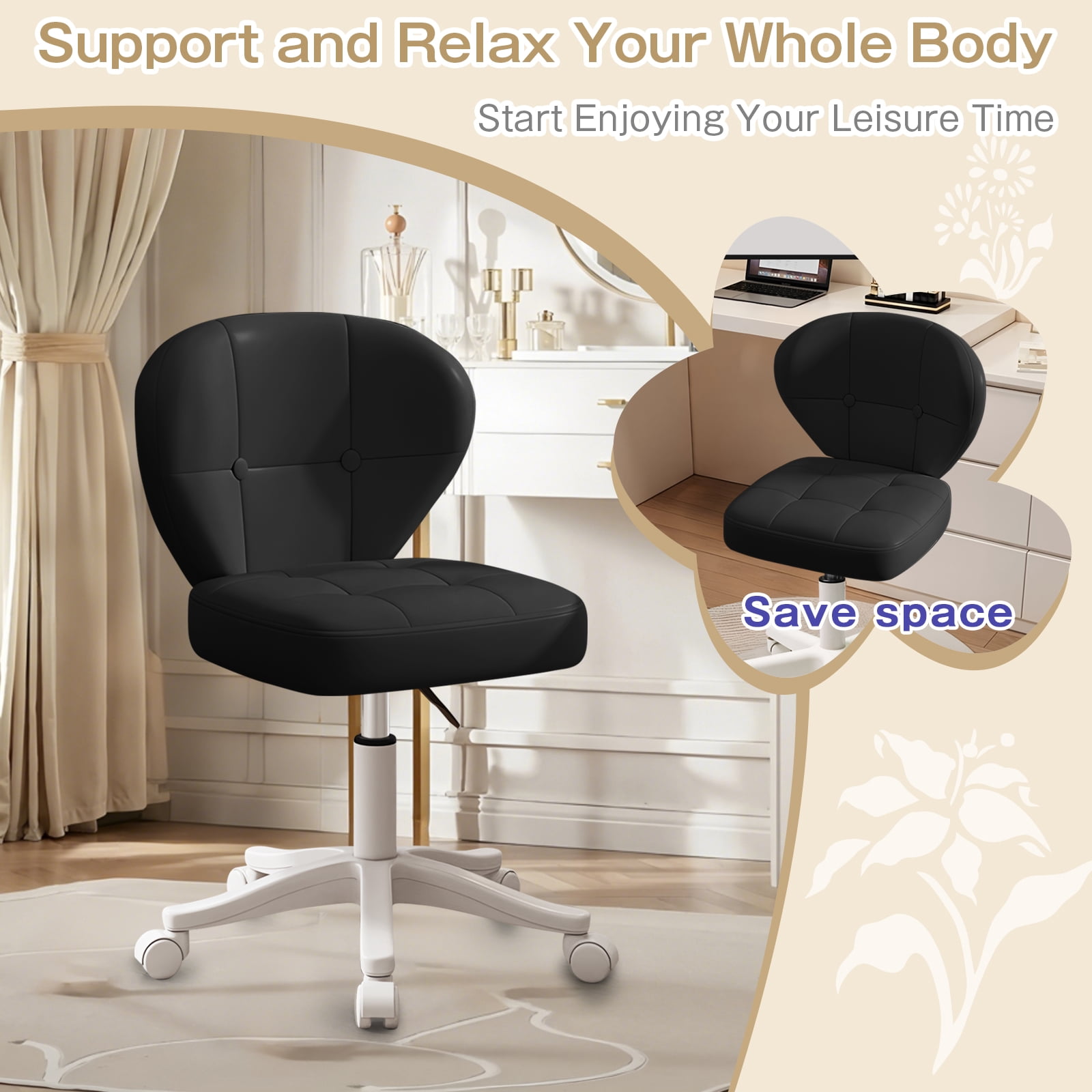 Vanity Chair with Back – Small Armless Office Chair with Wheels, Lumbar Support, PU Leather, Adjustable Height, 360° Swivel for Home, Bedroom, Office Black