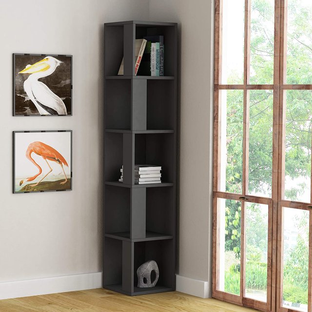 JV Home Piano Collection 64 Inch 5-Tier Corner Bookcase Stylish Bookshelf Shelving Storage for Living Room Kitchen Laundry Bedroom (Anthracite)