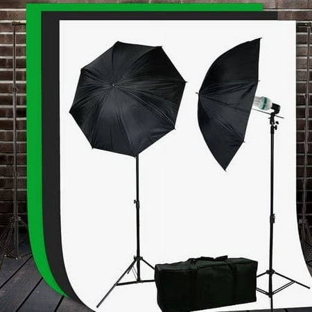 Image of Video Studio Lighting Kit with Background Support Stands 3pcs 10 x10 Chromakey Green Screen Black White and Case