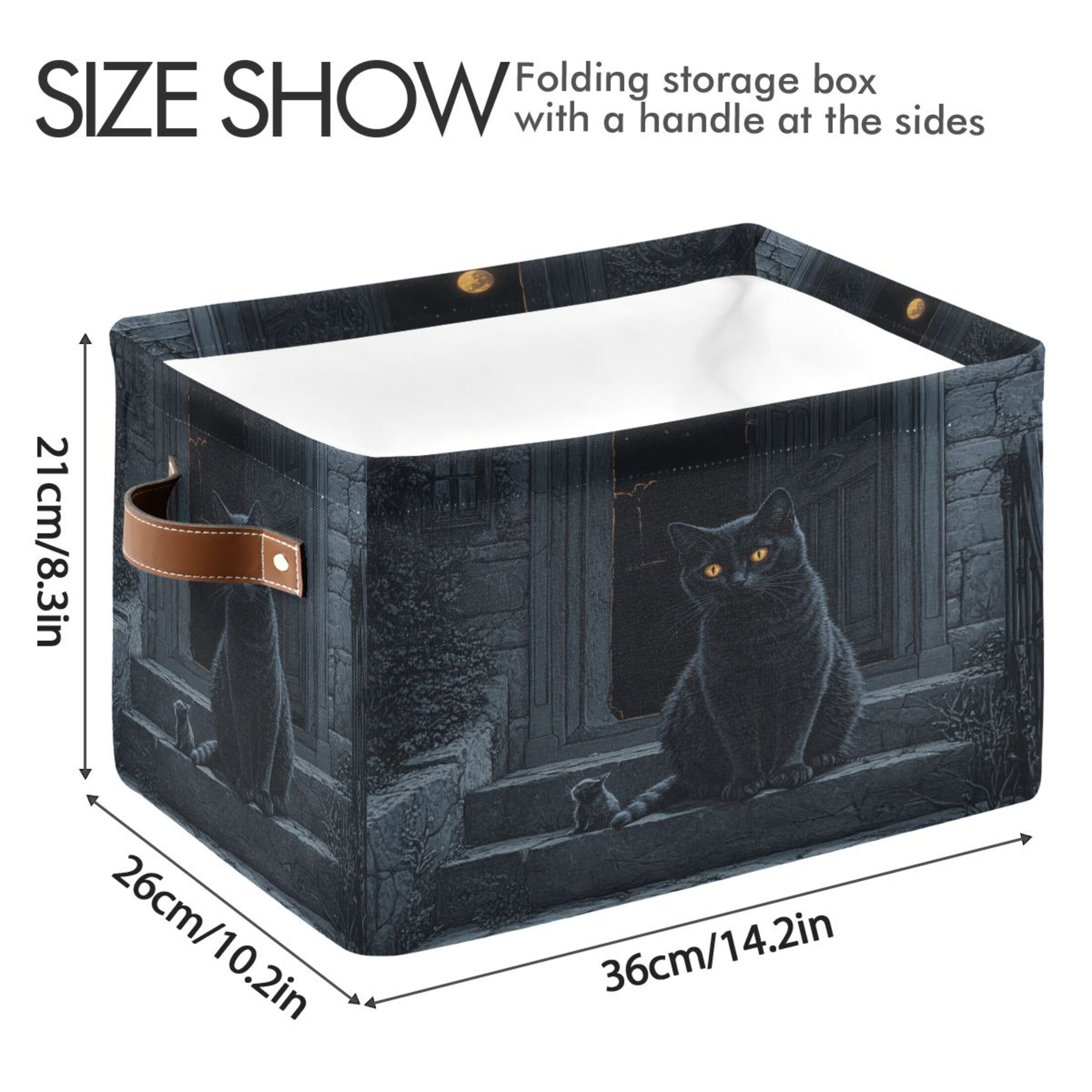 WOBOGO Black Cat Guard Square Storage Basket with Waterproof Canvas and PE Lining Durable PU Leather Handles 14.2×10.2×8.3in