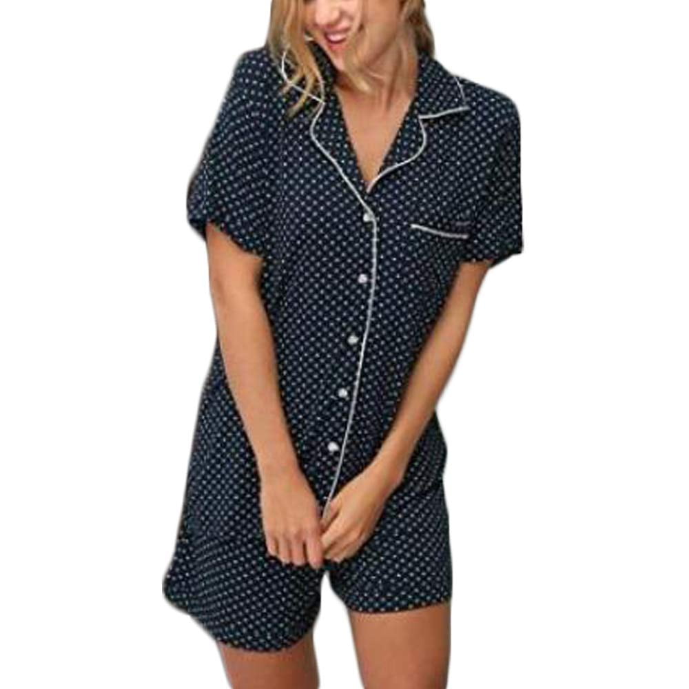 Womens Summer 2PCS Pajamas Set Short Sleeve Sleepwear Button Down ...
