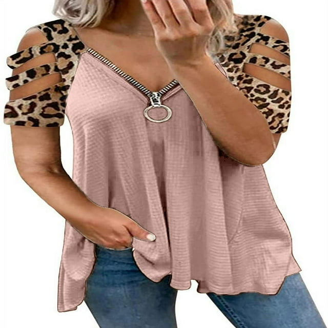 T-shirt pour Femmes à Motif Imprimé Léopard, Manches Courtes, Col en V