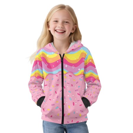 POLERO Full Zip Up Jacket for Girls Pink Ice Cream Print Warm Cropped Hoodies Teen Cozy Long Sleeve Sweatshirts Jackets with Pockets Size S
