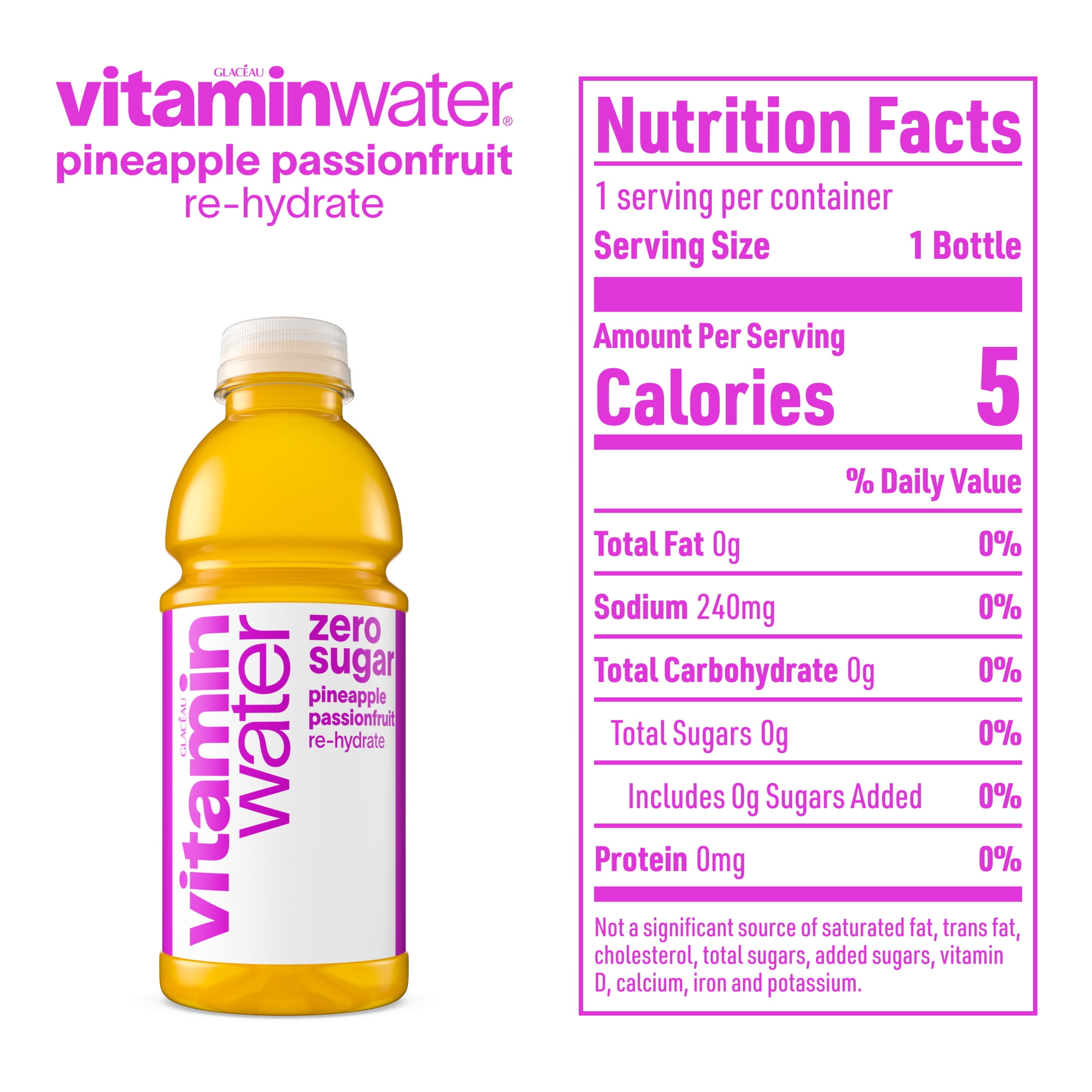 vitaminwater Re-Hydrate Zero Sugar Pineapple Passionfruit Flavored Water Beverage, 20 fl oz Bottle