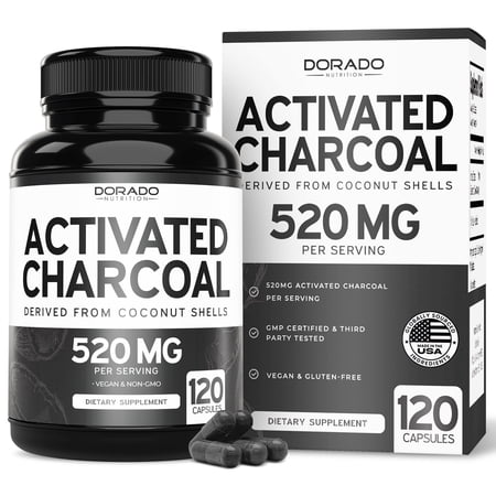 Organic Activated Charcoal Pills (120 Capsules) Activated Charcoal Derived From Coconut Shells Support Bloating & Detox 520mg Per Serving for Women & Men - Third Party Tested - Non GMO