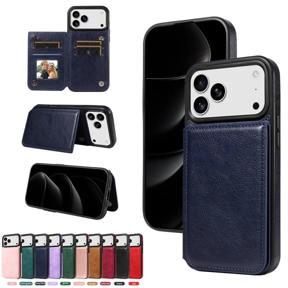 for iPhone 17 Pro Max Case with Card Slots, PU Leather Protective Shockproof Case with Ring Buckle, Magnetic Clasp Kickstand Cover for Women Men for iPhone 17 Pro Max - Navyblue