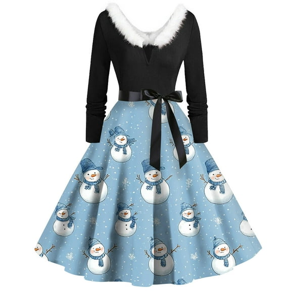 Christmas Dresses for Women Christmas Print Flare Dress For Women Long Sleeve Dress Hollow Party Casual Dresses with V Neck for Holiday Party,Blue,L