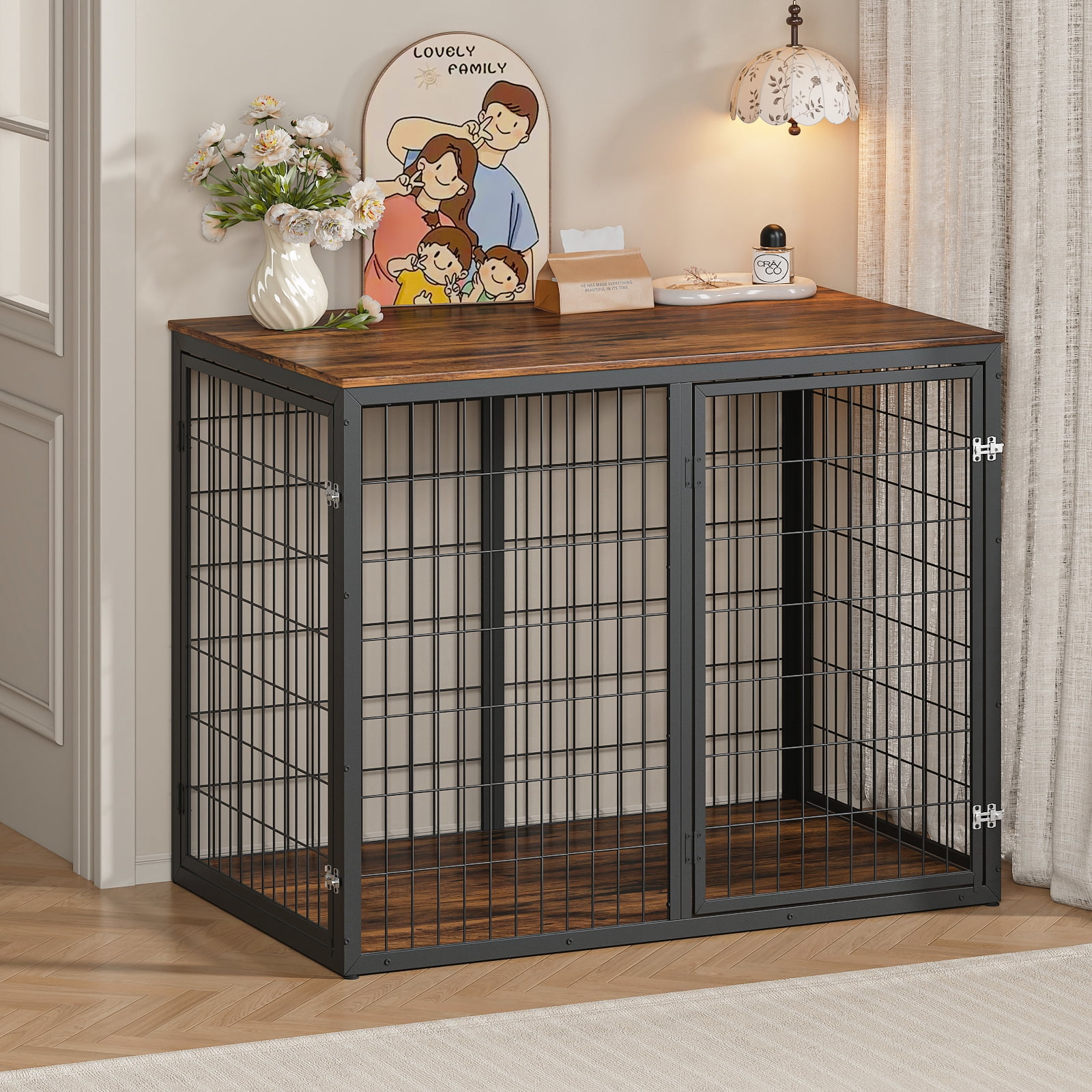ZephyPaws 48'' XXL Dog Crate Furniture with 3 Doors,Wooden Crate End Table Heavy Duty Indoor Combination Cage for Medium to Large Dogs, Multiple Units Can be Combined,Brown