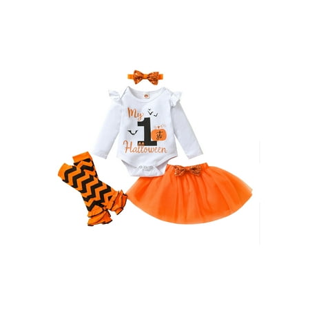 

My 1st Halloween 4Pcs Outfits Baby Girl long Sleeve Romper+Mesh Tutu Skirt+Headband+Leg Warmer Clothes Set