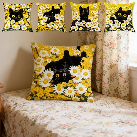 Euaioeiu Black Cats Throw Pillow Cover 17.7x17.7 Inch Spring Outdoor Cute Rural Cat Daisy Decorative Cushion Covers Square Farmhouse Decor