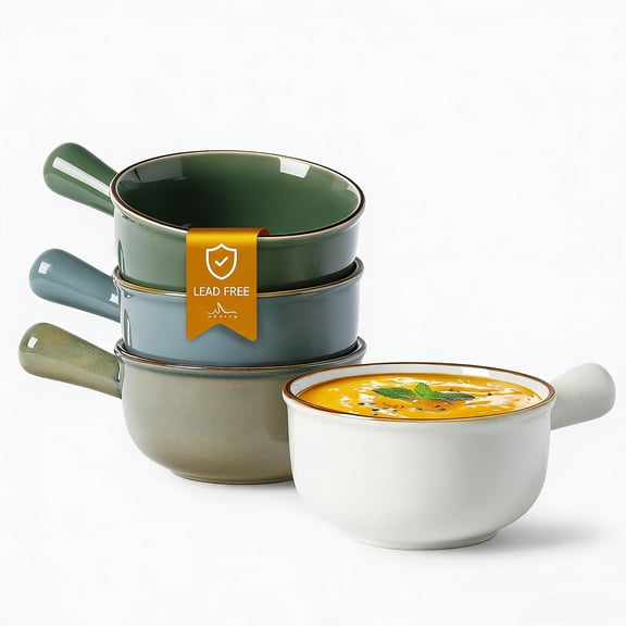 ALOFMO 28oz  Stoneware Soup Bowls Set of 4 with Handle, Multi-Color Glazed Bowls, Microwave & Dishwasher Safe for Home Kitchen