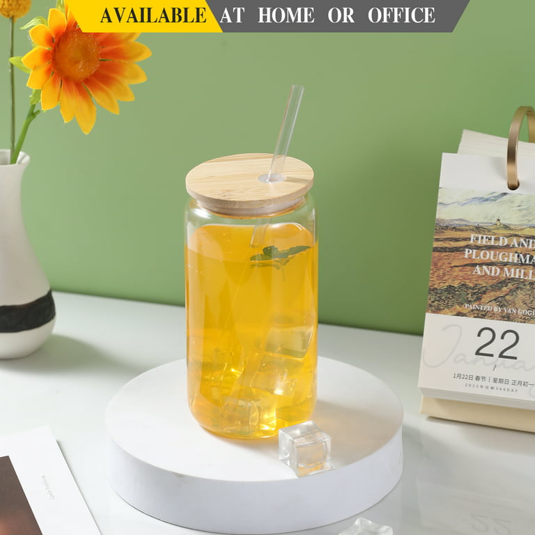 Sunflower Design 16oz Frosted Glass Can Cup with Bamboo Lid and