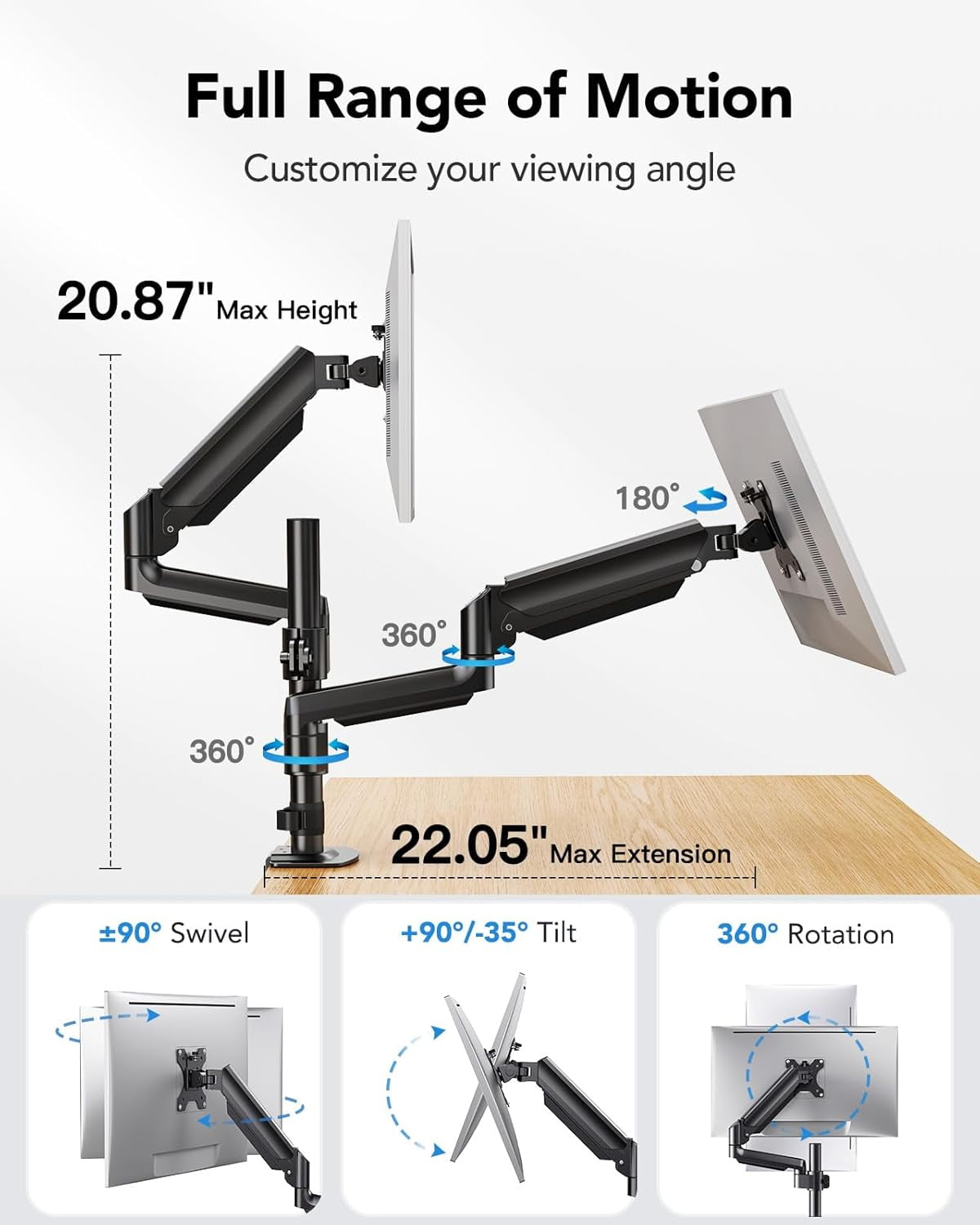 Dual Monitor Mount up to 32 inches Screens, Taller Stand Hold 19.8lbs, Arm Desk Easy Adjustable with Tilt, Swivel, Rotation, VESA 75/100mm