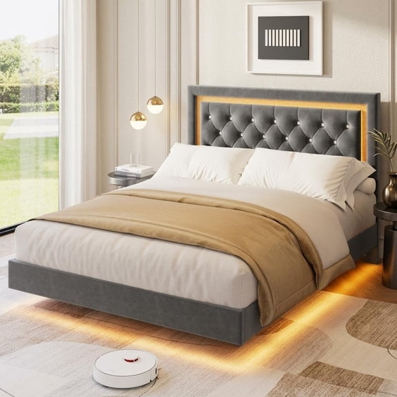 YUSAZENS Queen Size LED Platform Bed with Velvet Tufted Headboard, MDF Wood Slat Support, No Box Spring Needed, Noise‑Free Design, Gray – for Bedroom Modern Decor