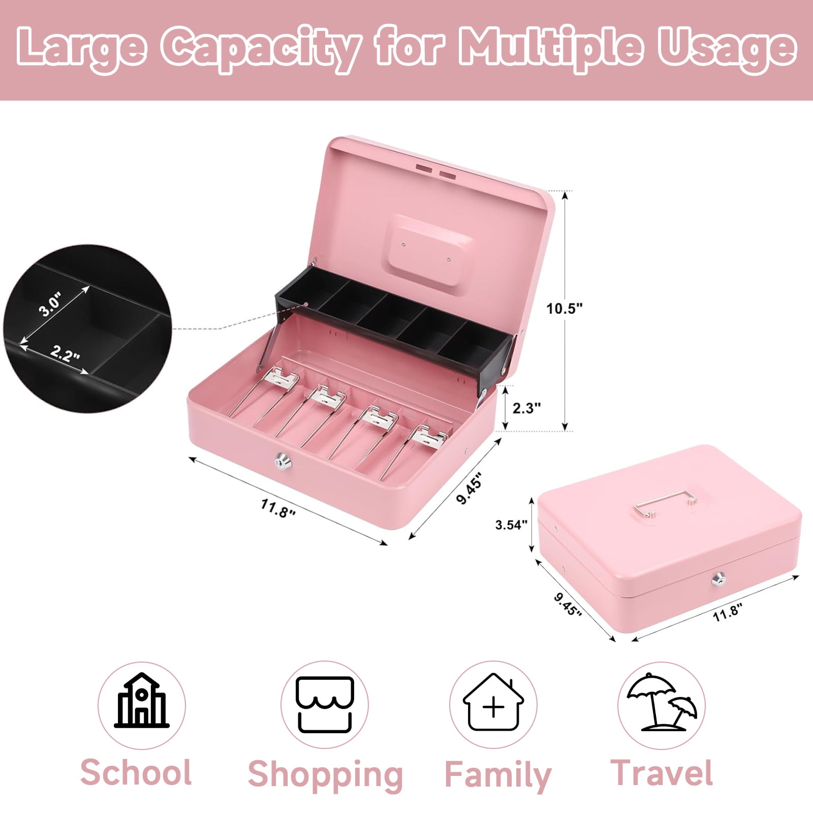OUTGOO Cash Box with Money Tray and Lock, Metal Money Box for Cash, Key Lock Safe Box, Money Saving Organizer, 11.8" x 9.4" x 3.5", 4 Bill 5 Coin Slots