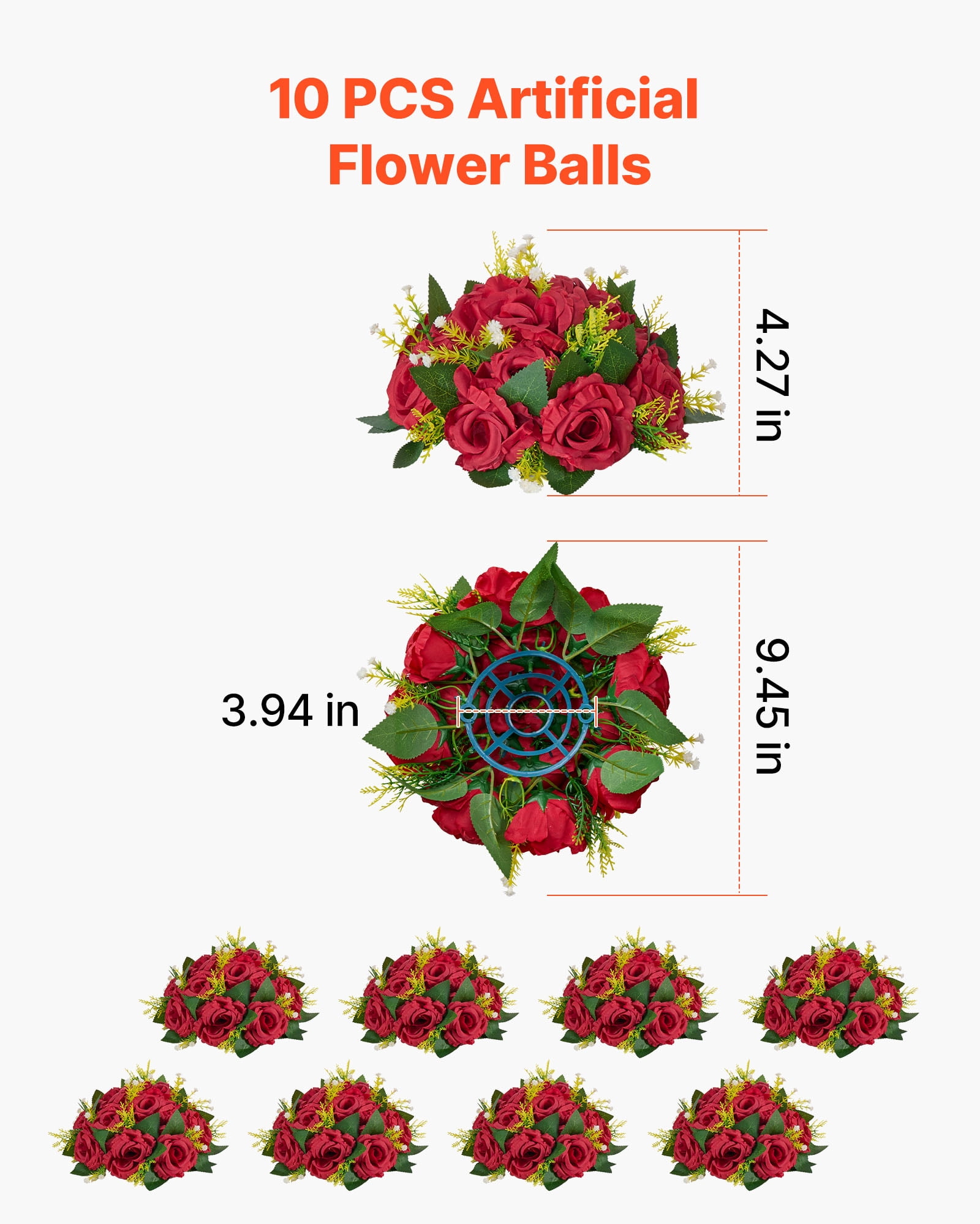 VEVOR Flower Balls Arrangement Bouquet 10 PCS, 9.5-Inch Wedding Red Roses Centerpieces, Fake Flowers Kissing Balls Decor Artificial Floral Arrangements Flower Bouquet for Home Party Table Decorations