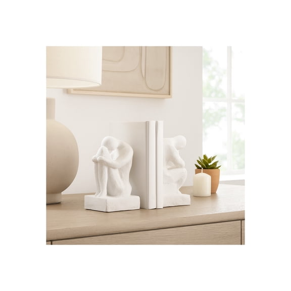 Minimalist Bookends for Bookshelf Decor - Decorative Polyresin Thinking Man Figure in Unique Seated Poses - A Perfect Book Accessories for Shelves, Office, Desk, or Home Library; Set of 2 - 7" White