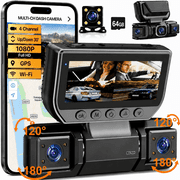 Dash Cam Front and Rear with 64GB Card, 4 Channel Dash Camera for Cars with Front, Rear, Left & Right Cameras, 1080P Car Dash Cam with WiFi App, Night Vision, Recording, 3" IPS Screen
