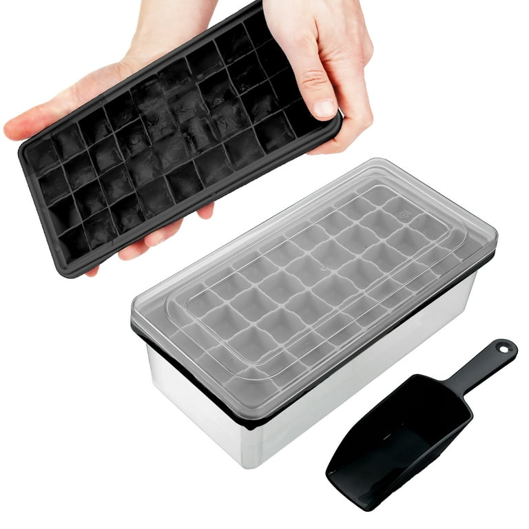 Yoove Ice Cube Tray with Lid and Bin- Silicone Ice Tray for Freezer | Comes with Ice Container, Scoop and Cover | Good Size Ice Bucket (Black)