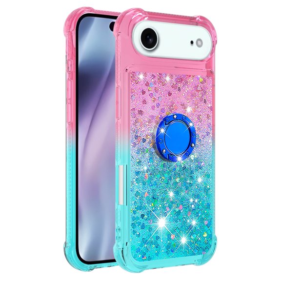 Phone Case for iPhone 17 Air Case with Ring Kickstand, Cute Glitter Bling Sparkle Quicksand Flowing Liquid Clear Gel Silicone ShockProof Cover for iPhone 17 Air Girls-B3