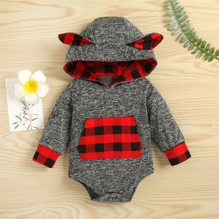 

NIUREDLTD Baby Boys Girls Long Sleeve Plaid Hooded Romper Bodysuit Clothes