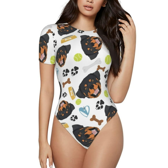 Saiise Rottweiler Pattern Women's Short-Sleeved Onesie Round Neck Pajamas Stretchy Bodysuit with Snap Closure-Large