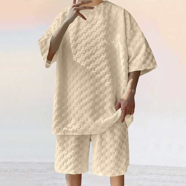 Qertyioot Hommes Shorts Manches Courtes Couleur Unie Col Rond Mode Casual Top/Shirt Ensemble