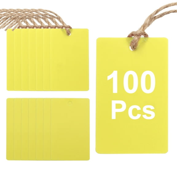 100Pcs Yellow Plastic Shipping Tags, 2" x 1" Waterproof Labeling Tags with Thread & Wire for Garage, Inventory Tag