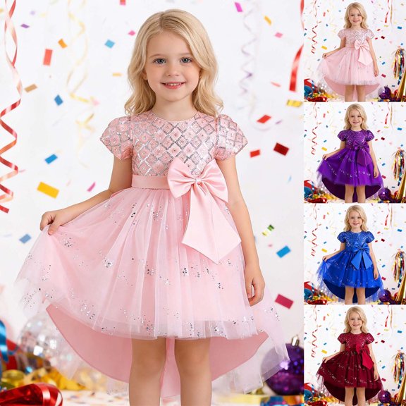 CAIXIA Flower Girl Dresses For WeddingElegant Girls Party Dress with Bow and Flowy Tutu Skirt for,Blue,7-8 Years