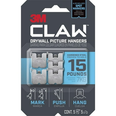 

3M CLAW Drywall Picture Hanger - 15 lb (6.80 kg) Capacity - for Pictures Mirror Decoration Art Home - Gray - 5 Each | Bundle of 2 Packs