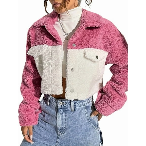 Womens Fuzzy Fleece Jacket Button Down Coats Casual Winter Warm Outwear with Pockets Pink S