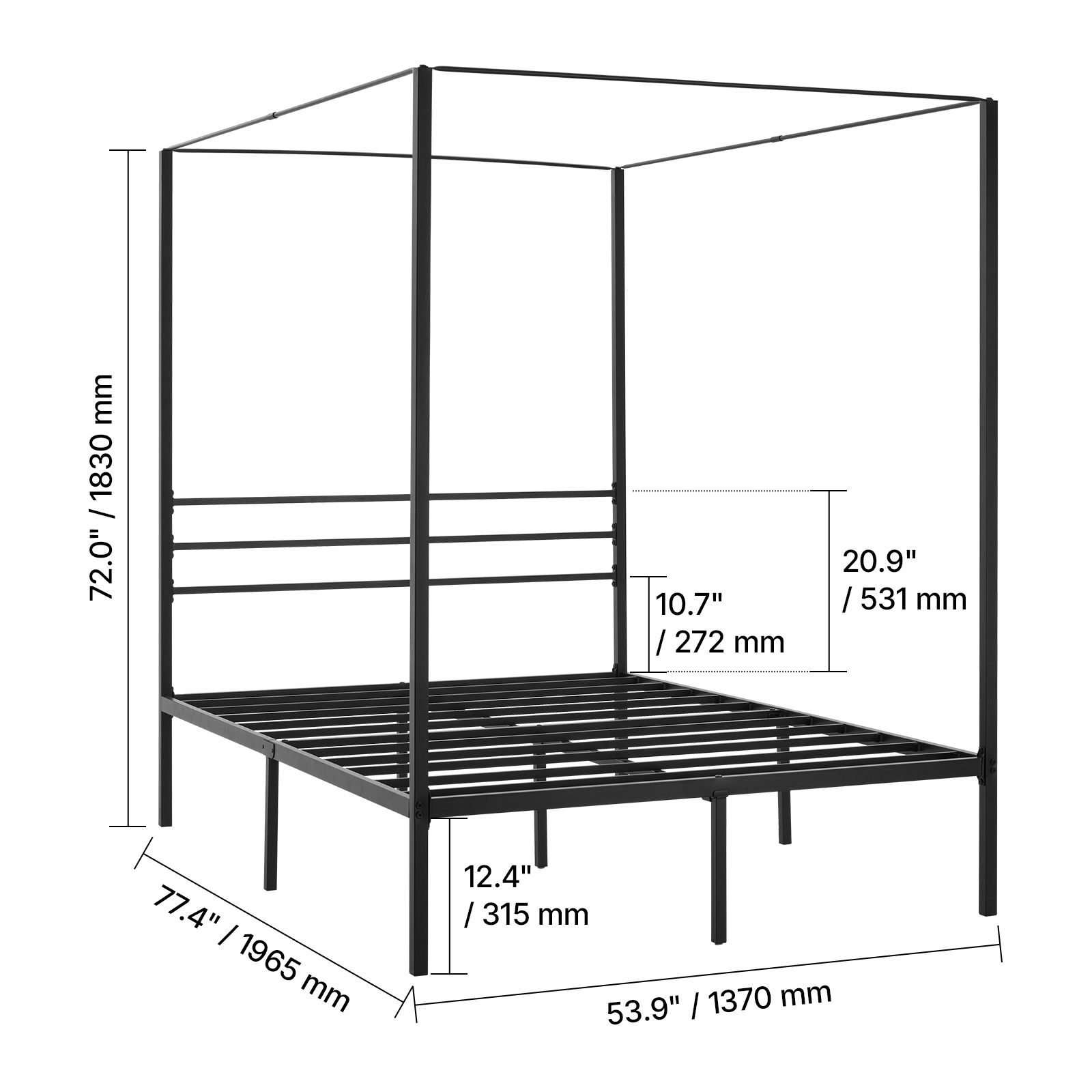 KFFKFF Full-Size Canopy Bed Frame for Bedroom, Durable Steel Bed Frame,  No Box Spring Required, Underbed Storage, Simple Assembly, Black