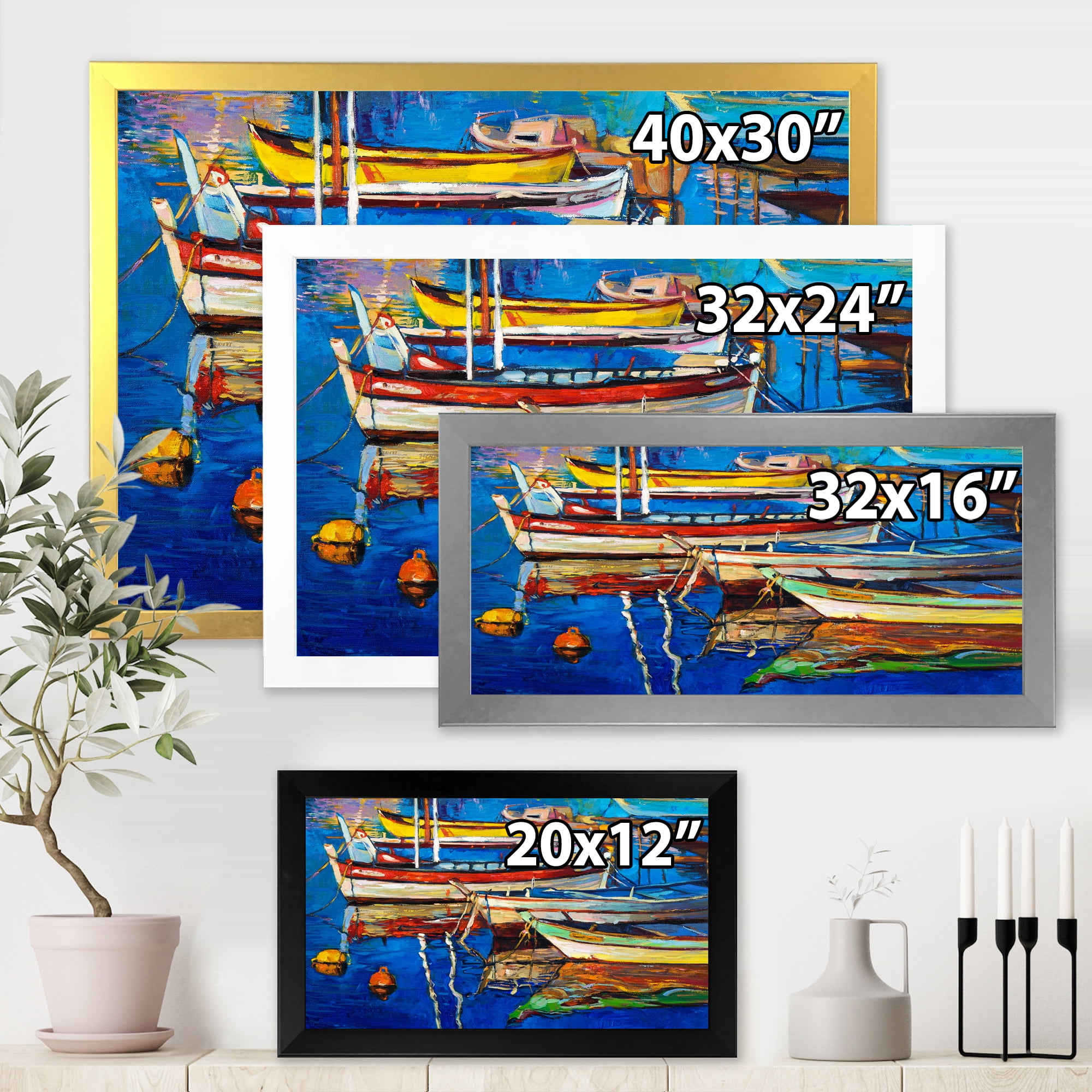 Designart 'Boats Near Coastal Town Resting On The Water II' Nautical & Coastal Framed Art Print