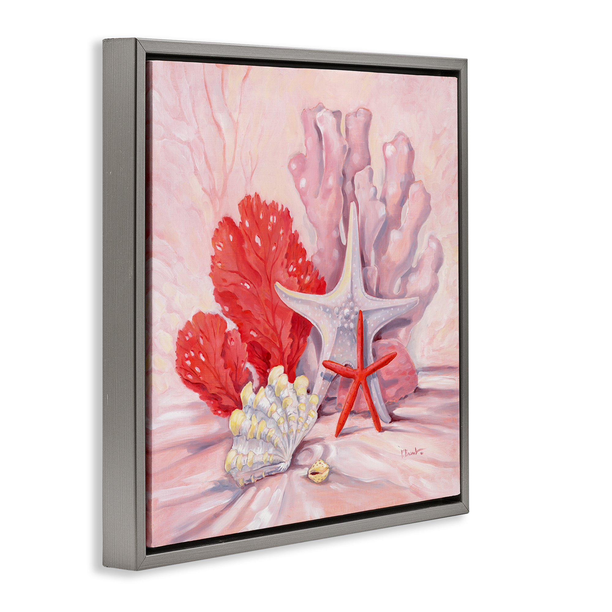 Stupell Industries Pink Gathered Sea Life Animals & Insects Painting Gray Floater Framed Canvas Art Print Wall Art, 25 x 25