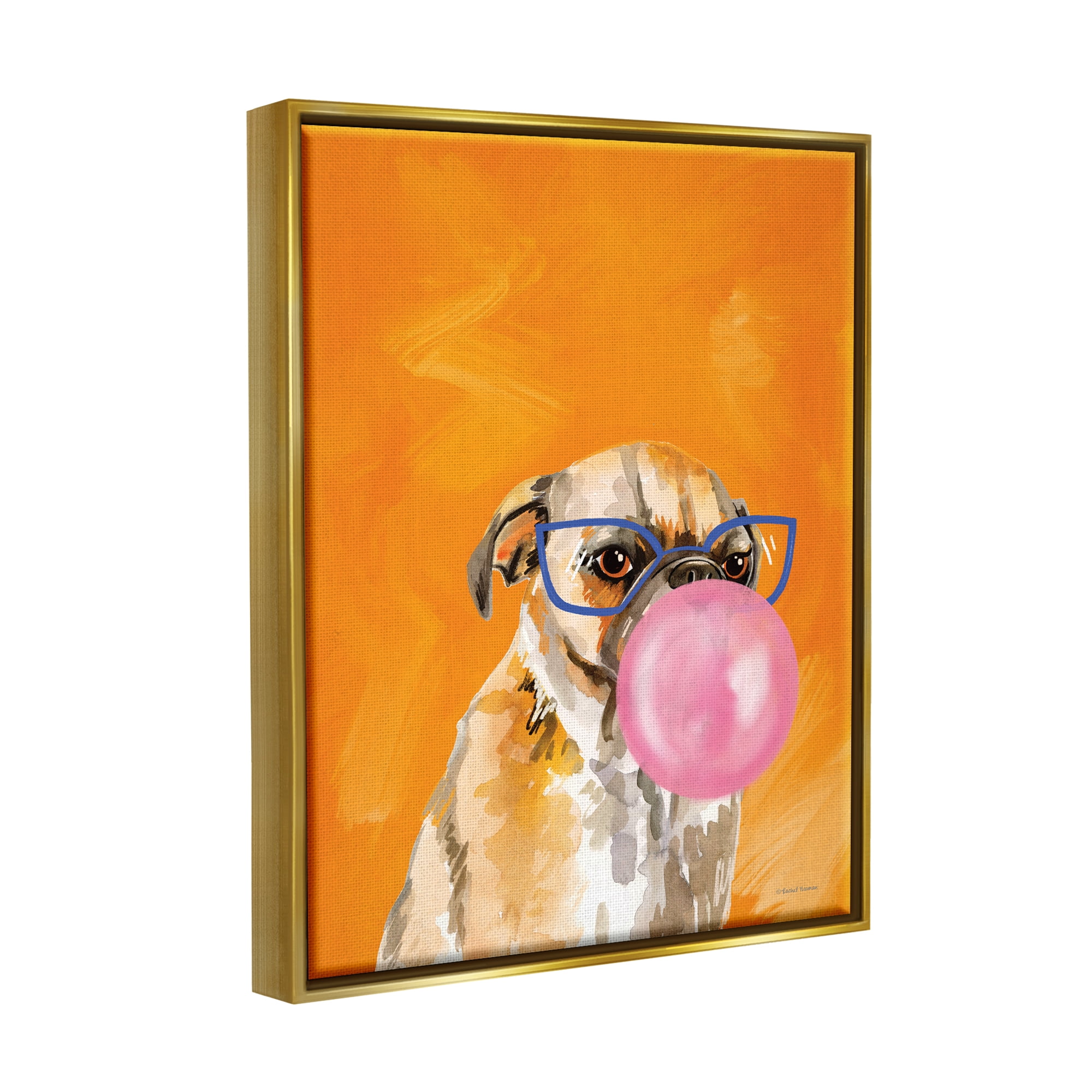 Stupell Industries Orange Dog with Bubblegum Animals & Insects Painting Gold Floater Framed Art Print Wall Art, 17 x 21